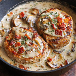 Smothered Pork Chops with Bacon, Mushrooms, and Fresh Thyme Cream Sauce