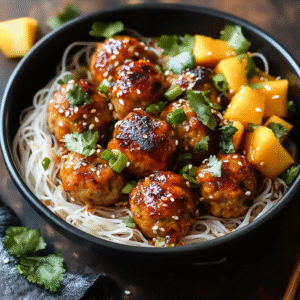 Spicy Asian Chicken Meatballs with Rice Noodles and Mango