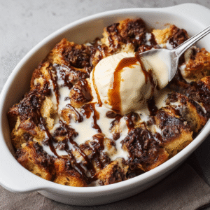 Chocolate Croissant Bread Pudding with Bourbon Ice Cream Sauce Recipe