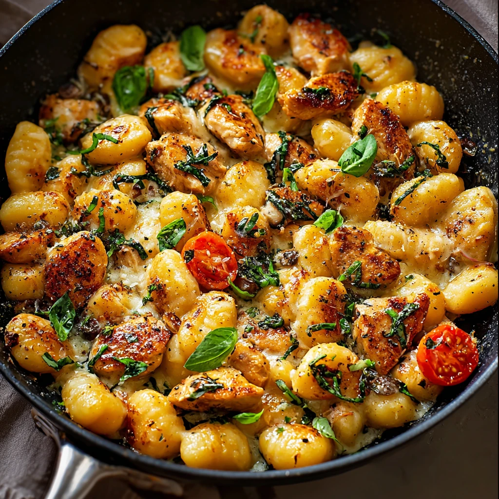 Easy Garlic Chicken Gnocchi Skillet Recipe One-pan Chicken Gnocchi Dinner Ideas Quick Garlic Chicken Gnocchi Skillet Meals...