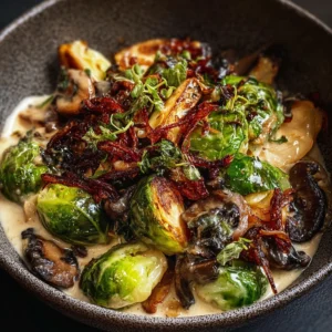 Roasted Brussels Sprouts with Creamy Wild Mushrooms and Crispy Shallots