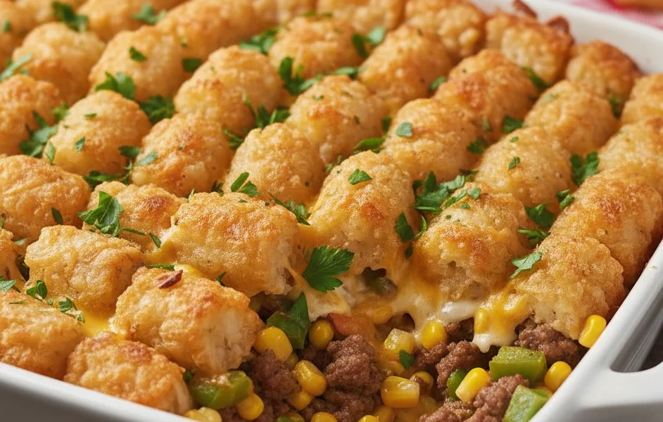 Cowboy Casserole Hearty Ground Beef Corn Tots Recipe