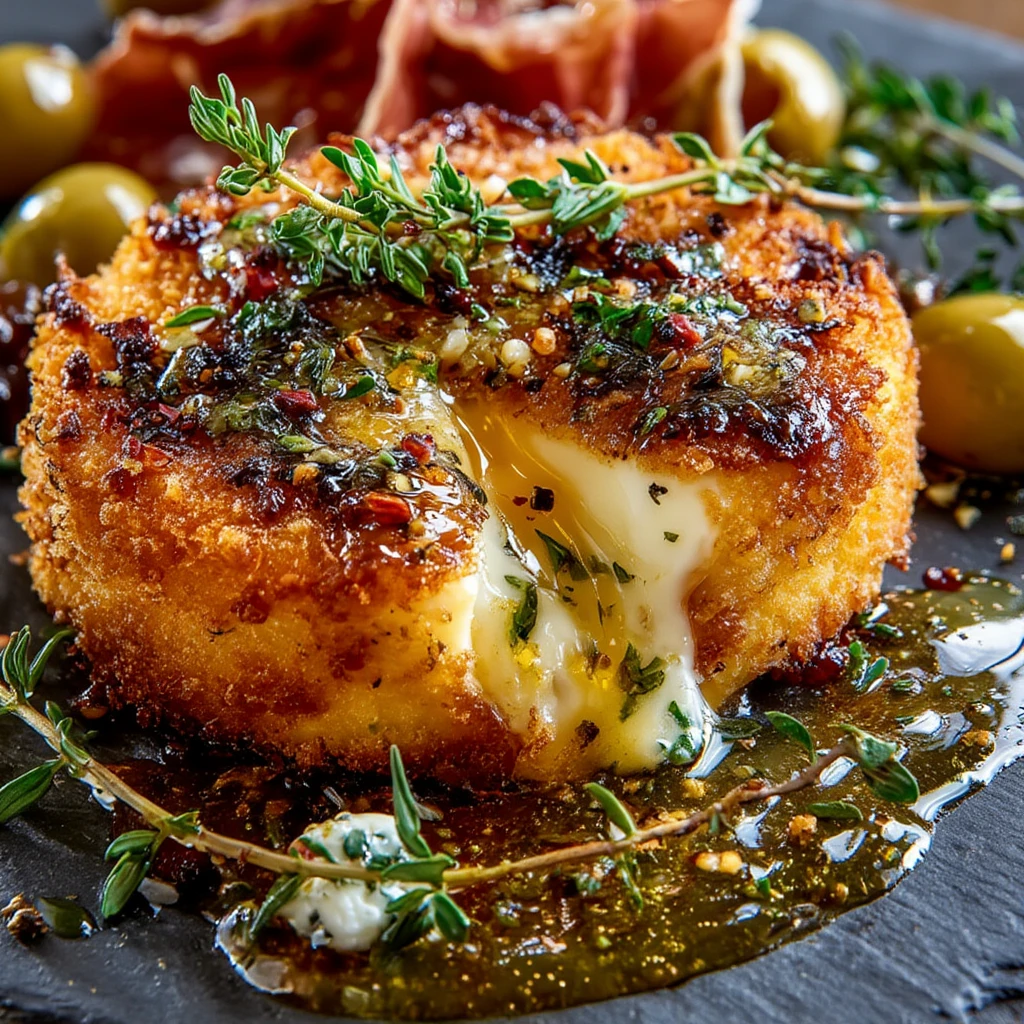 Crispy Fried Brie with Pepper Honey, Warm Lemon-Herb Olives & Prosciutto