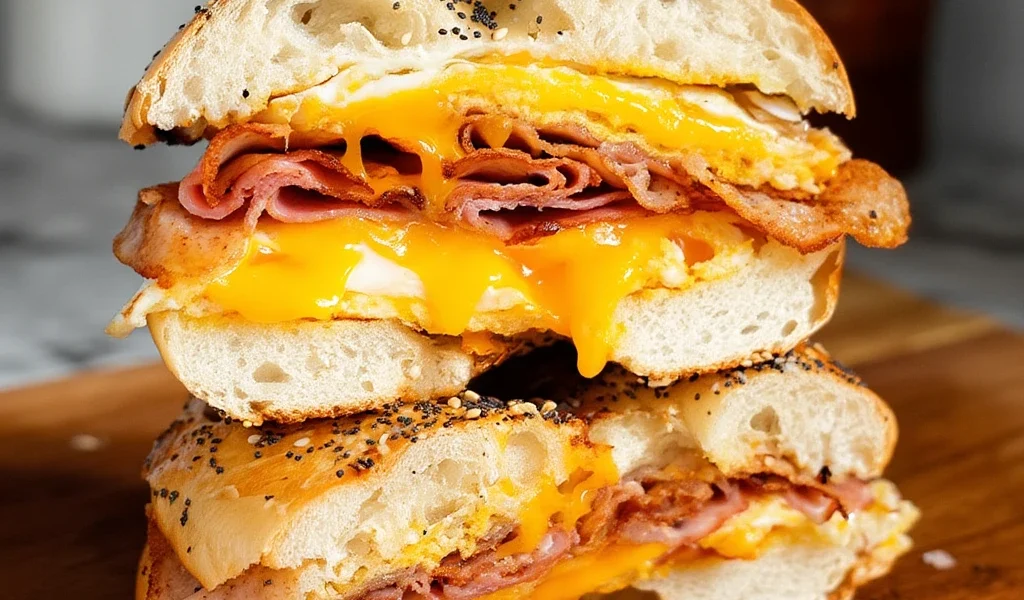 Egg Cheddar Crispy Mortadella Bagel Sandwich Recipe