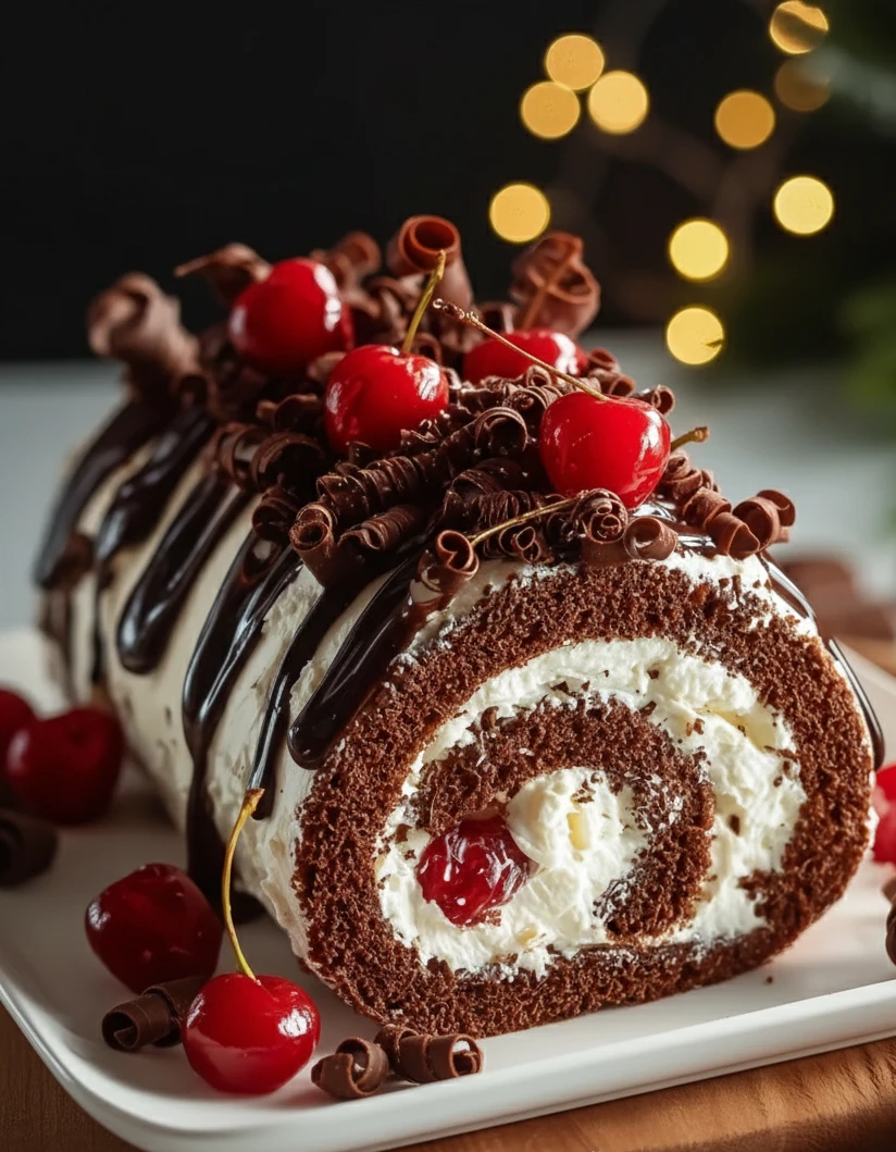 Elegant Black Forest Cake Roll – Non-Alcoholic Delight