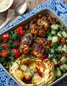 Lemon Chili Grilled Chicken Bowls with Fresh Cucumber Salad & Hummus