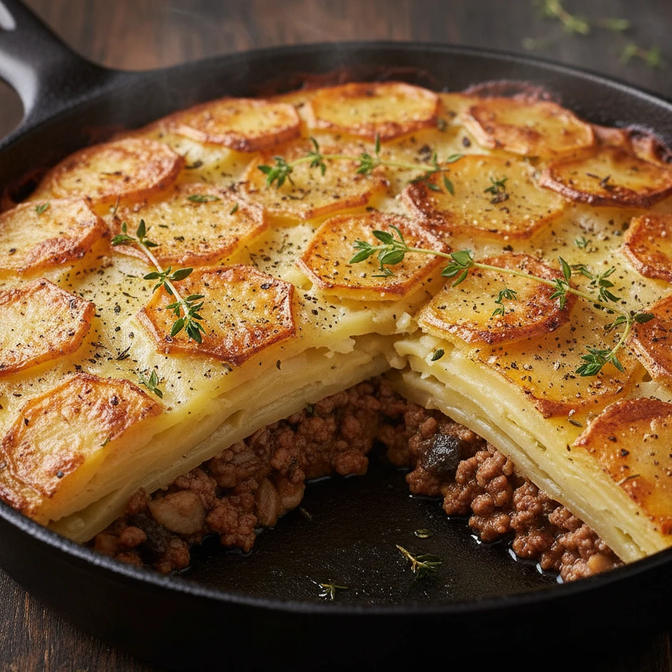Mushroom, Ground Beef & Lentil Potato Skillet