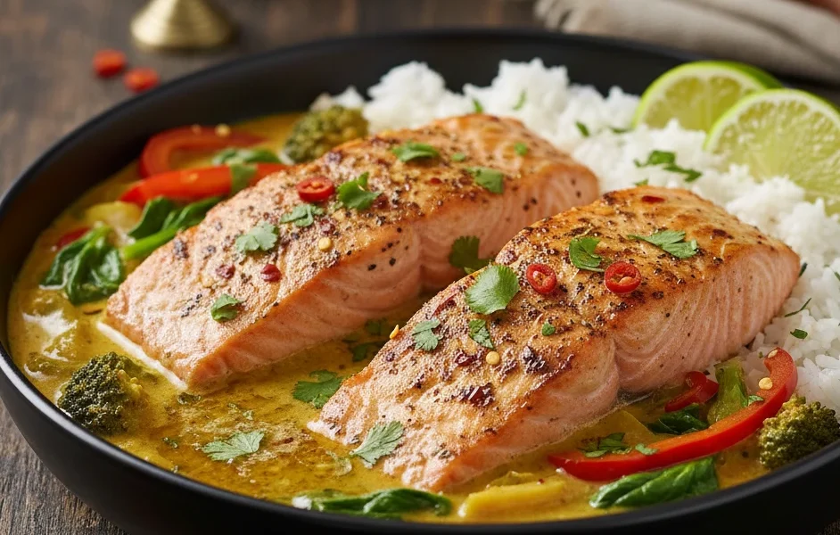 One Pan Coconut Curry Salmon Garlic Butter