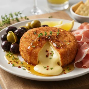 Crispy Fried Brie with Pepper Honey, Warm Lemon-Herb Olives & Prosciutto