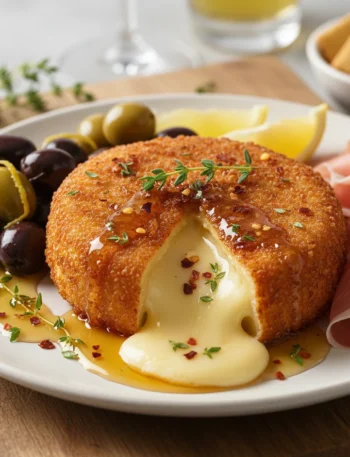 Crispy Fried Brie Pepper Honey Warm Lemonherb Olives