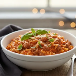 Ground Beef Orzo with Tomato Cream Sauce Recipe