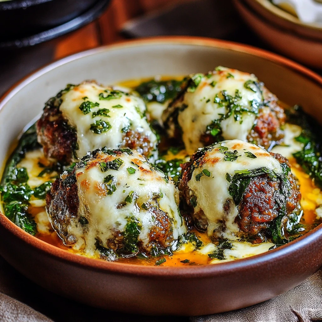 Spinach Garlic Meatballs Stuffed with Mozzarella